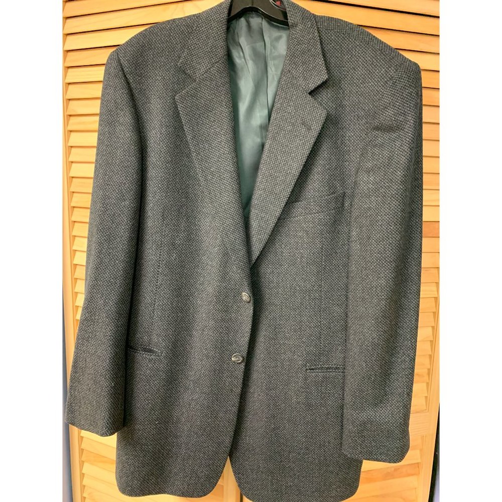 MEN'S WOOL SUIT JACKET BLAZER 44L BLACK AND GRAY TWEED